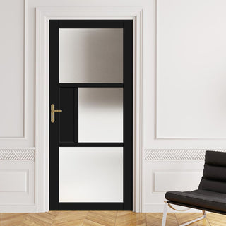 Image: Breda 3 Pane 1 Panel Solid Wood Internal Door UK Made DD6439SG Frosted Glass - Eco-Urban® Shadow Black Premium Primed