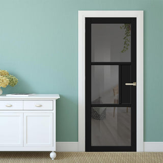 Image: Breda 3 Pane 1 Panel Solid Wood Internal Door UK Made DD6439 - Tinted Glass - Eco-Urban® Shadow Black Premium Primed