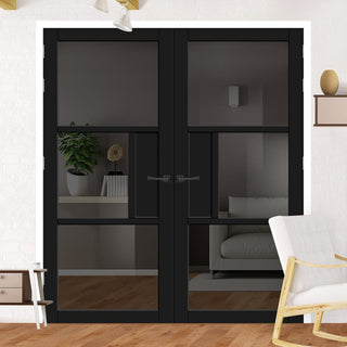 Image: Breda 3 Pane 1 Panel Solid Wood Internal Door Pair UK Made DD6439 - Tinted Glass - Eco-Urban® Shadow Black Premium Primed