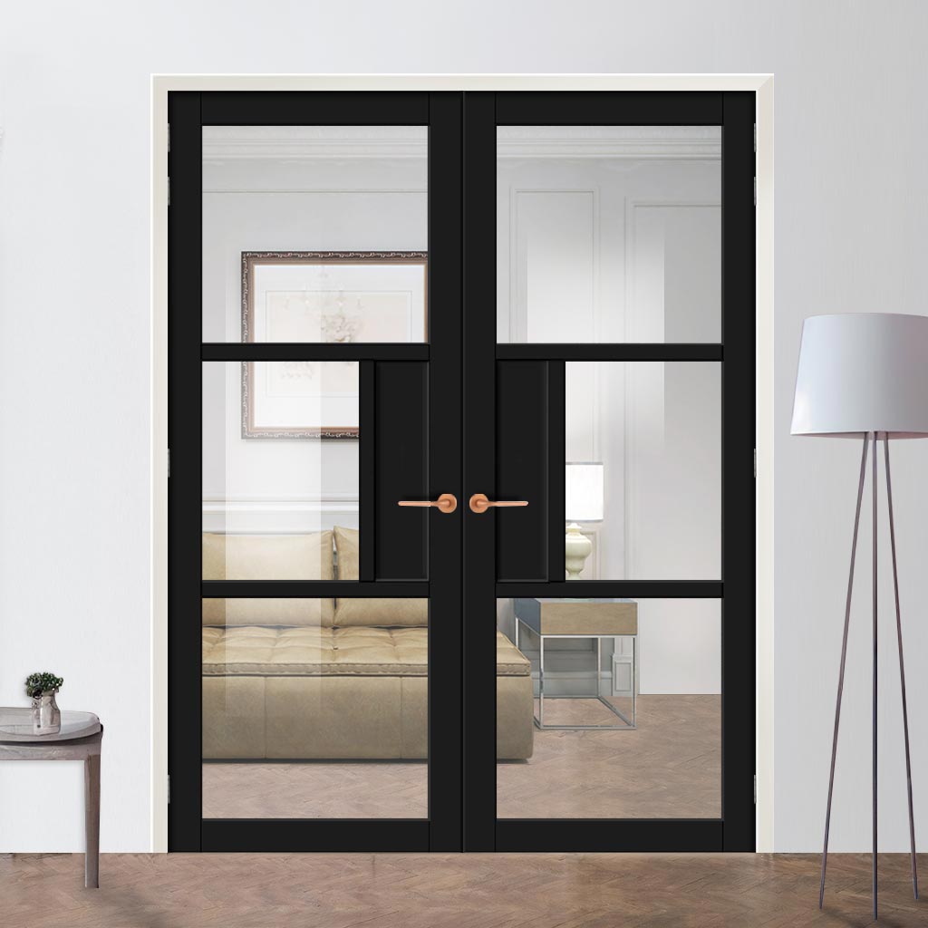 Breda 3 Pane Solid Wood Internal Door Pair UK Made DD6439G Clear Glass - Eco-Urban® Shadow Black Premium Primed