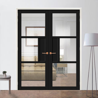 Image: Breda 3 Pane Solid Wood Internal Door Pair UK Made DD6439G Clear Glass - Eco-Urban® Shadow Black Premium Primed