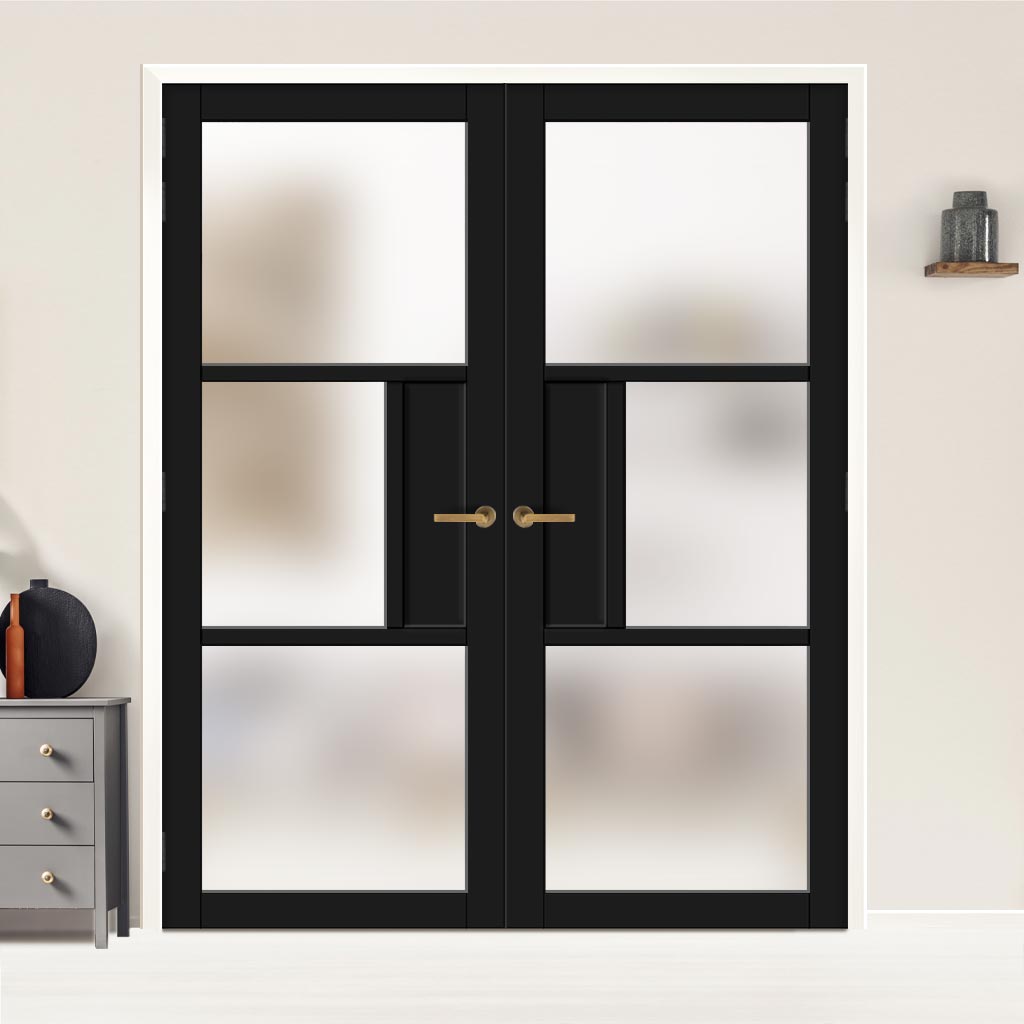 Breda 3 Pane 1 Panel Solid Wood Internal Door Pair UK Made DD6439SG Frosted Glass - Eco-Urban® Shadow Black Premium Primed