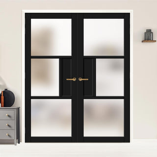 Image: Breda 3 Pane 1 Panel Solid Wood Internal Door Pair UK Made DD6439SG Frosted Glass - Eco-Urban® Shadow Black Premium Primed