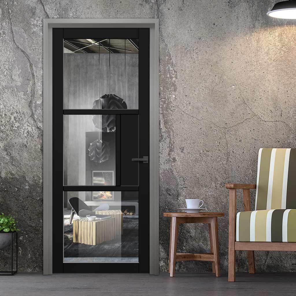 Breda 3 Pane Solid Wood Internal Door UK Made DD6439G Clear Glass - Eco-Urban® Shadow Black Premium Primed