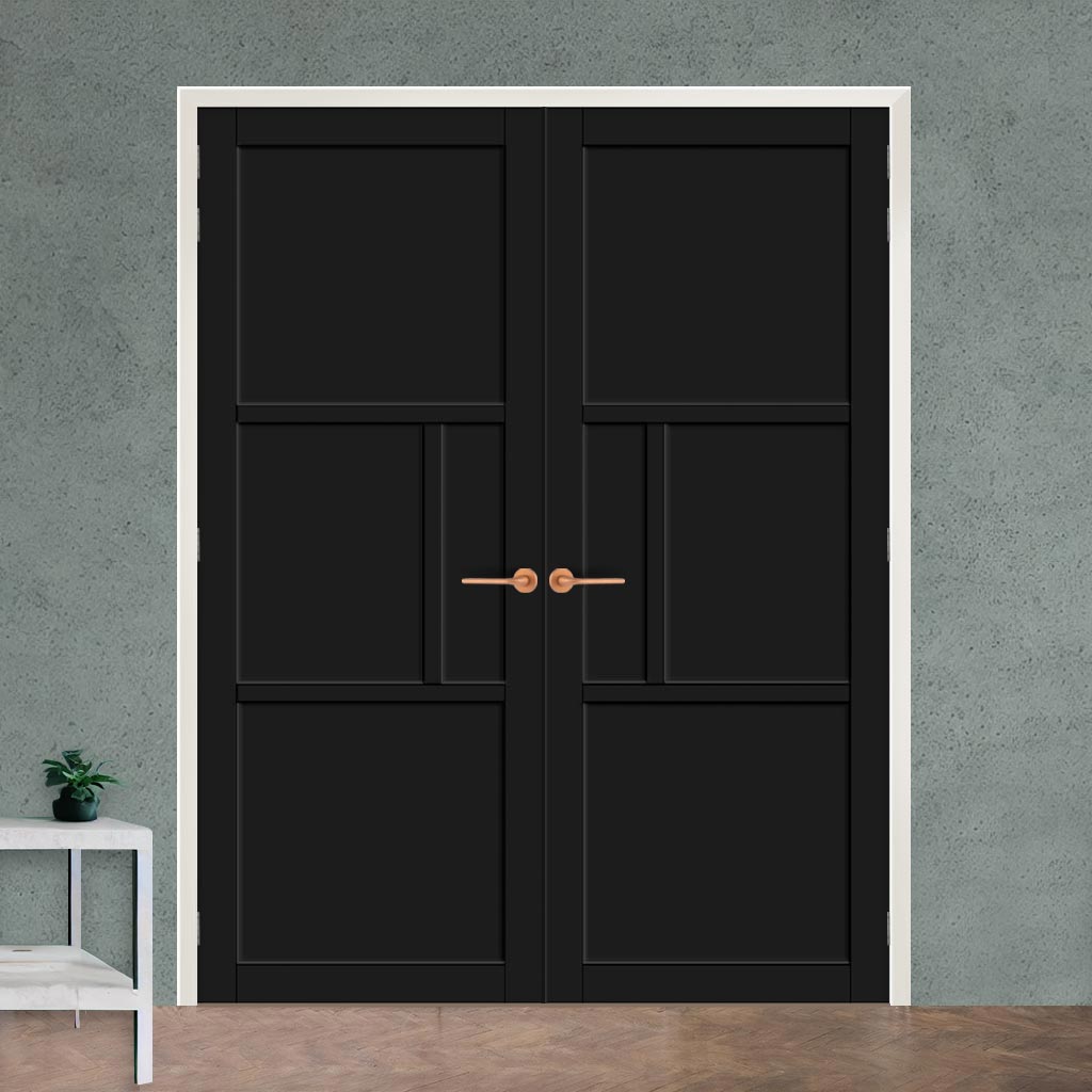 Breda 4 Panel Solid Wood Internal Door Pair UK Made DD6439 - Eco-Urban® Shadow Black Premium Primed