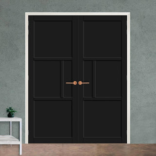 Image: Breda 4 Panel Solid Wood Internal Door Pair UK Made DD6439 - Eco-Urban® Shadow Black Premium Primed