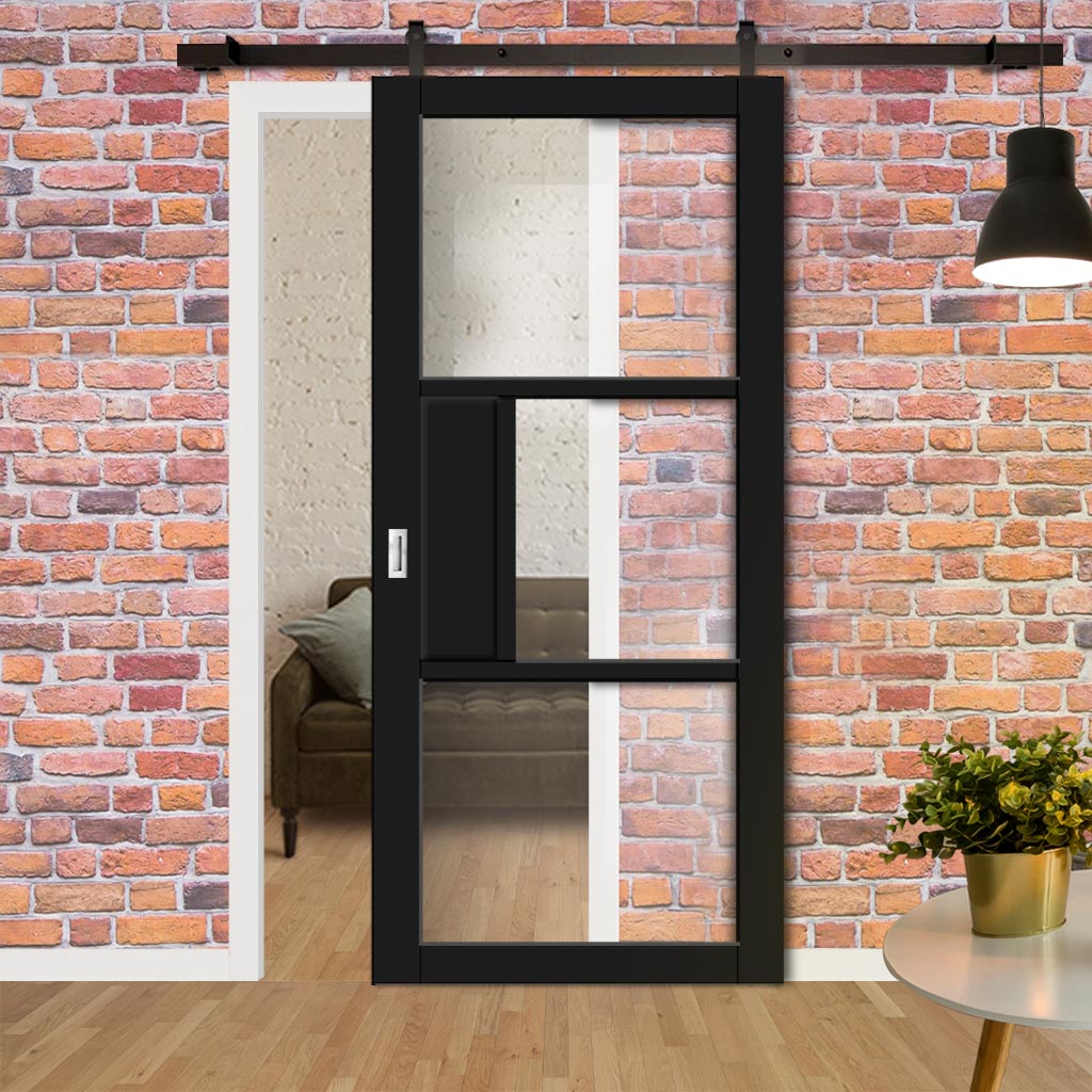 Top Mounted Black Sliding Track & Solid Wood Door - Eco-Urban® Breda 3 Pane 1 Panel Solid Wood Door DD6439G Clear Glass - Shadow Black Premium Primed