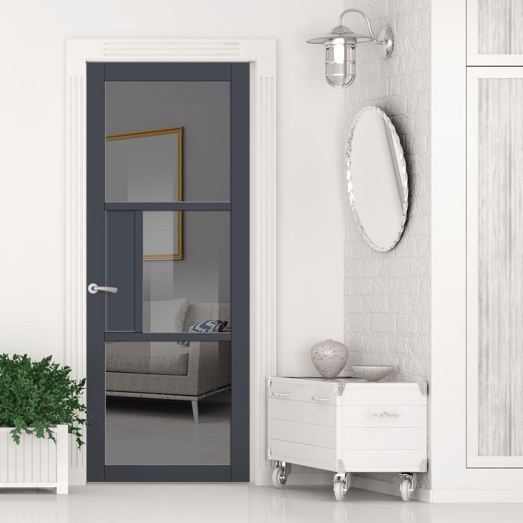 Breda 3 Pane 1 Panel Solid Wood Internal Door UK Made DD6439 - Tinted Glass - Eco-Urban® Stormy Grey Premium Primed