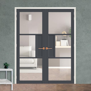 Image: Breda 3 Pane  Solid Wood Internal Door Pair UK Made DD6439G Clear Glass - Eco-Urban® Stormy Grey Premium Primed