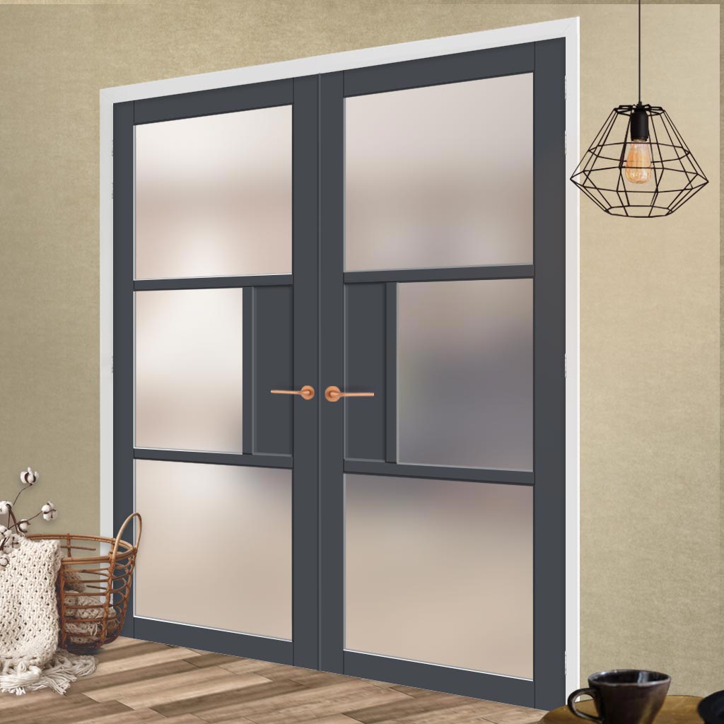 Breda 3 Pane 1 Panel Solid Wood Internal Door Pair UK Made DD6439SG Frosted Glass - Eco-Urban® Stormy Grey Premium Primed