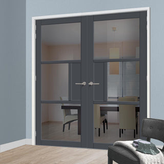 Image: Breda 3 Pane 1 Panel Solid Wood Internal Door Pair UK Made DD6439 - Tinted Glass - Eco-Urban® Stormy Grey Premium Primed