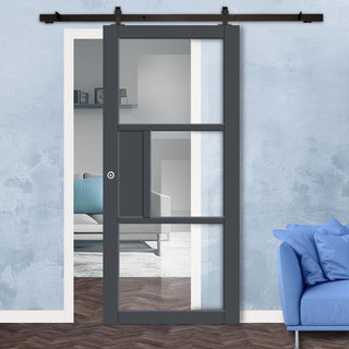 Image: Top Mounted Black Sliding Track & Solid Wood Door - Eco-Urban® Breda 3 Pane 1 Panel Solid Wood Door DD6439G Clear Glass - Stormy Grey Premium Primed