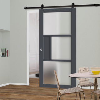 Image: Top Mounted Black Sliding Track & Solid Wood Door - Eco-Urban® Breda 3 Pane 1 Panel Solid Wood Door DD6439SG Frosted Glass - Stormy Grey Premium Primed