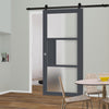 Top Mounted Black Sliding Track & Solid Wood Door - Eco-Urban® Breda 3 Pane 1 Panel Solid Wood Door DD6439SG Frosted Glass - Stormy Grey Premium Primed