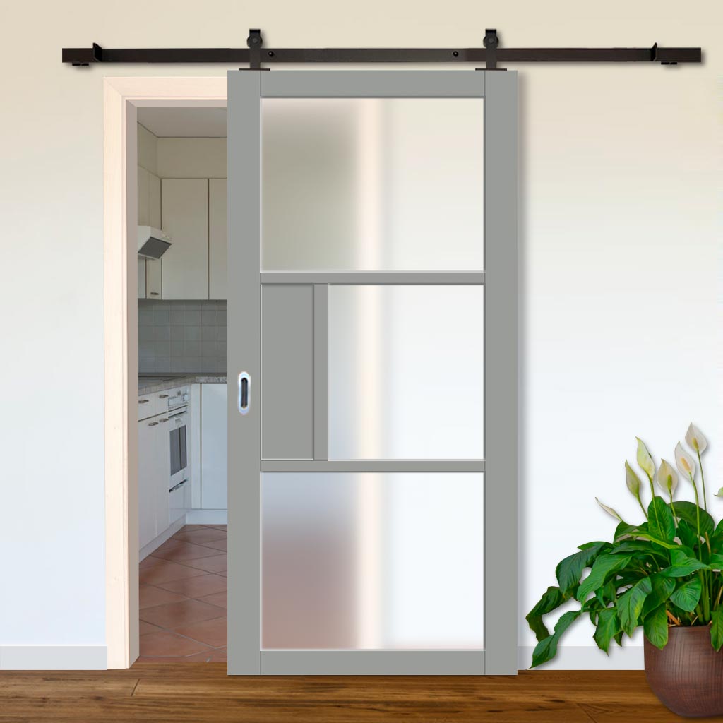 Top Mounted Black Sliding Track & Solid Wood Door - Eco-Urban® Breda 3 Pane 1 Panel Solid Wood Door DD6439SG Frosted Glass - Mist Grey Premium Primed