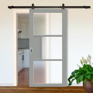 Image: Top Mounted Black Sliding Track & Solid Wood Door - Eco-Urban® Breda 3 Pane 1 Panel Solid Wood Door DD6439SG Frosted Glass - Mist Grey Premium Primed