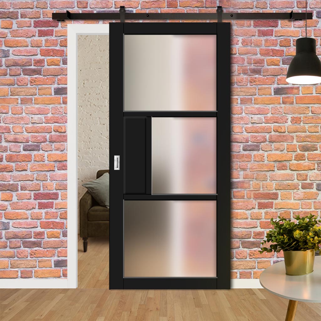 Top Mounted Black Sliding Track & Solid Wood Door - Eco-Urban® Breda 3 Pane 1 Panel Solid Wood Door DD6439SG Frosted Glass - Shadow Black Premium Primed