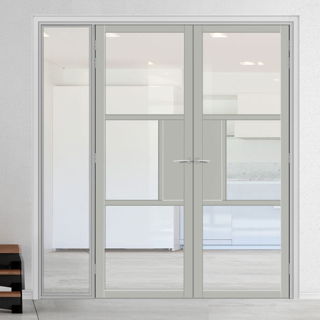 Bespoke Room Divider - Eco-Urban® Breda Door Pair DD6439C - Clear Glass with Full Glass Side - Premium Primed - Colour & Size Options