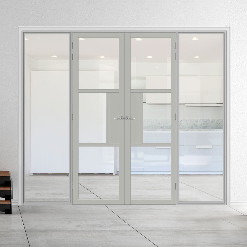 Bespoke Room Divider - Eco-Urban® Breda Door Pair DD6439C - Clear Glass with Full Glass Sides - Premium Primed - Colour & Size Options