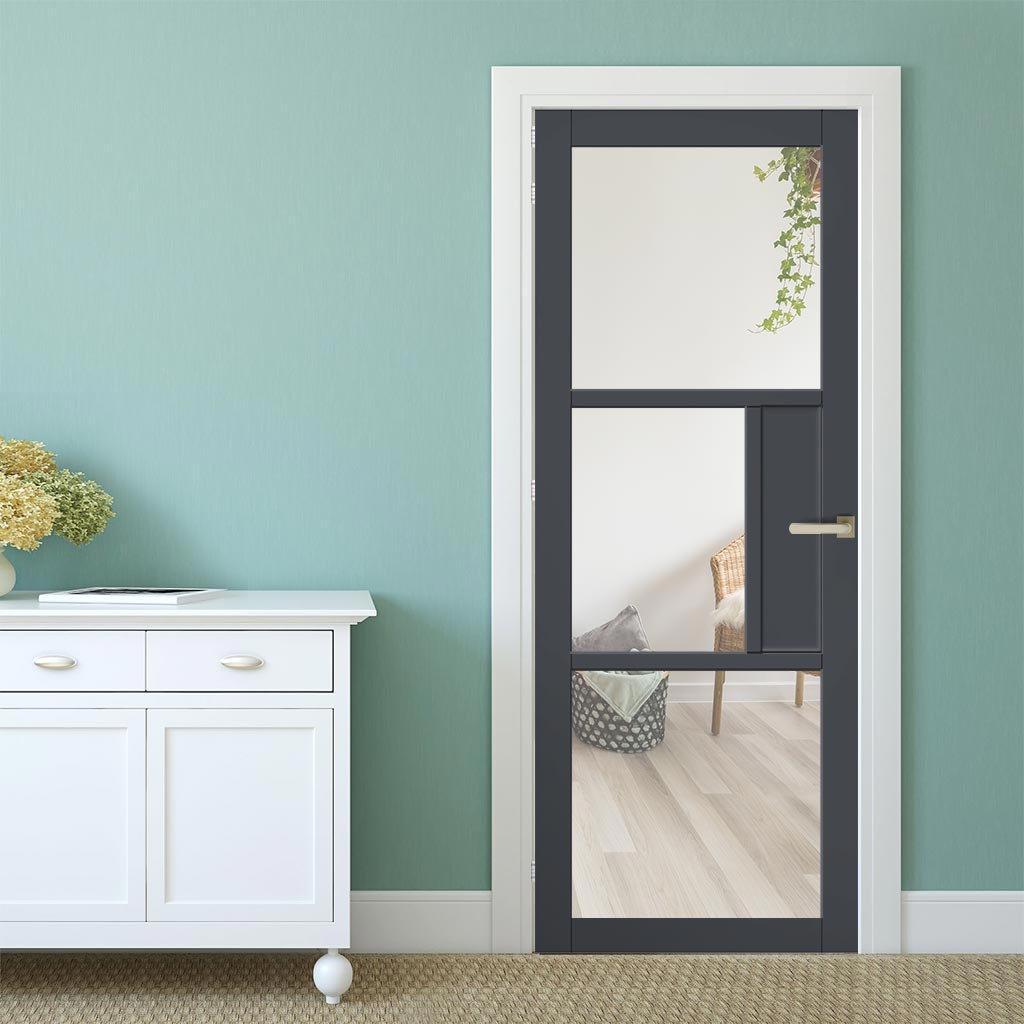 Breda 3 Pane Solid Wood Internal Door UK Made DD6439G Clear Glass - Eco-Urban® Stormy Grey Premium Primed