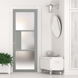 Image: Breda 3 Pane 1 Panel Solid Wood Internal Door UK Made DD6439SG Frosted Glass - Eco-Urban® Mist Grey Premium Primed