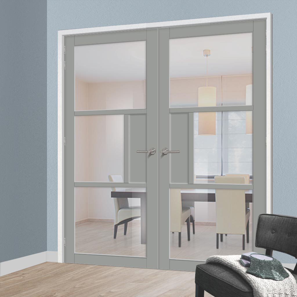 Breda 3 Pane Solid Wood Internal Door Pair UK Made DD6439G Clear Glass - Eco-Urban® Mist Grey Premium Primed