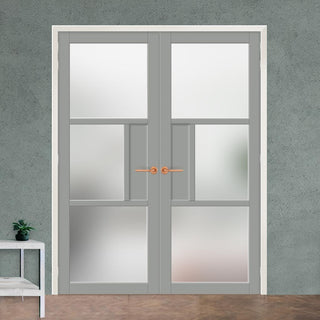 Image: Breda 3 Pane 1 Panel Solid Wood Internal Door Pair UK Made DD6439SG Frosted Glass - Eco-Urban® Mist Grey Premium Primed