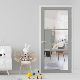 Image: Breda 3 Pane Solid Wood Internal Door UK Made DD6439G Clear Glass - Eco-Urban® Mist Grey Premium Primed