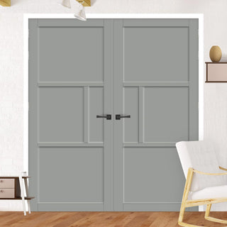 Image: Breda 4 Panel Solid Wood Internal Door Pair UK Made DD6439 - Eco-Urban® Mist Grey Premium Primed