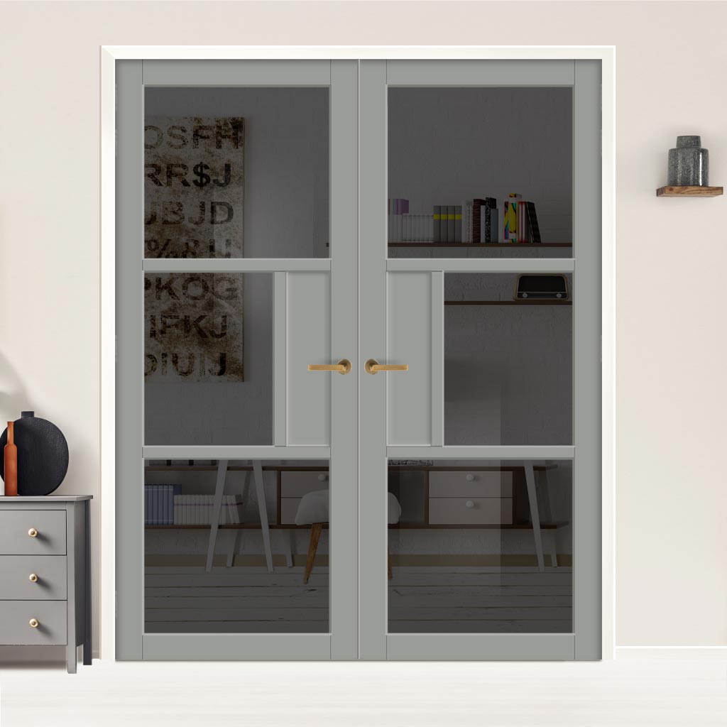 Breda 3 Pane 1 Panel Solid Wood Internal Door Pair UK Made DD6439 - Tinted Glass - Eco-Urban® Mist Grey Premium Primed