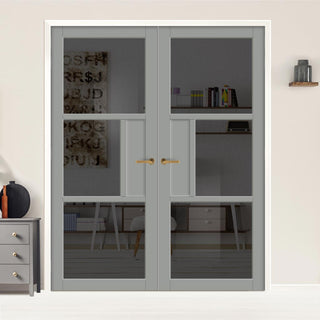 Image: Breda 3 Pane 1 Panel Solid Wood Internal Door Pair UK Made DD6439 - Tinted Glass - Eco-Urban® Mist Grey Premium Primed