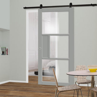 Image: Top Mounted Black Sliding Track & Solid Wood Door - Eco-Urban® Breda 3 Pane 1 Panel Solid Wood Door DD6439G Clear Glass - Mist Grey Premium Primed