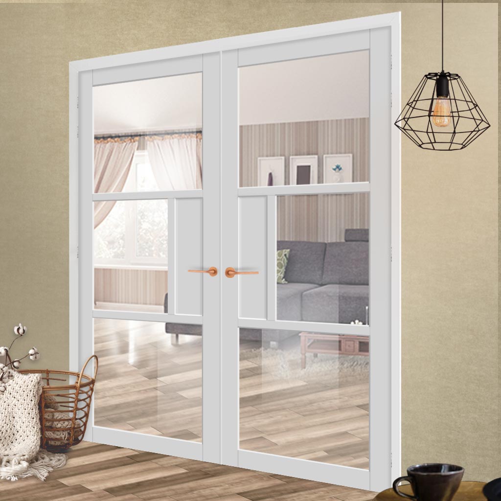 Breda 3 Pane  Solid Wood Internal Door Pair UK Made DD6439G Clear Glass - Eco-Urban® Cloud White Premium Primed