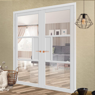Image: Breda 3 Pane  Solid Wood Internal Door Pair UK Made DD6439G Clear Glass - Eco-Urban® Cloud White Premium Primed