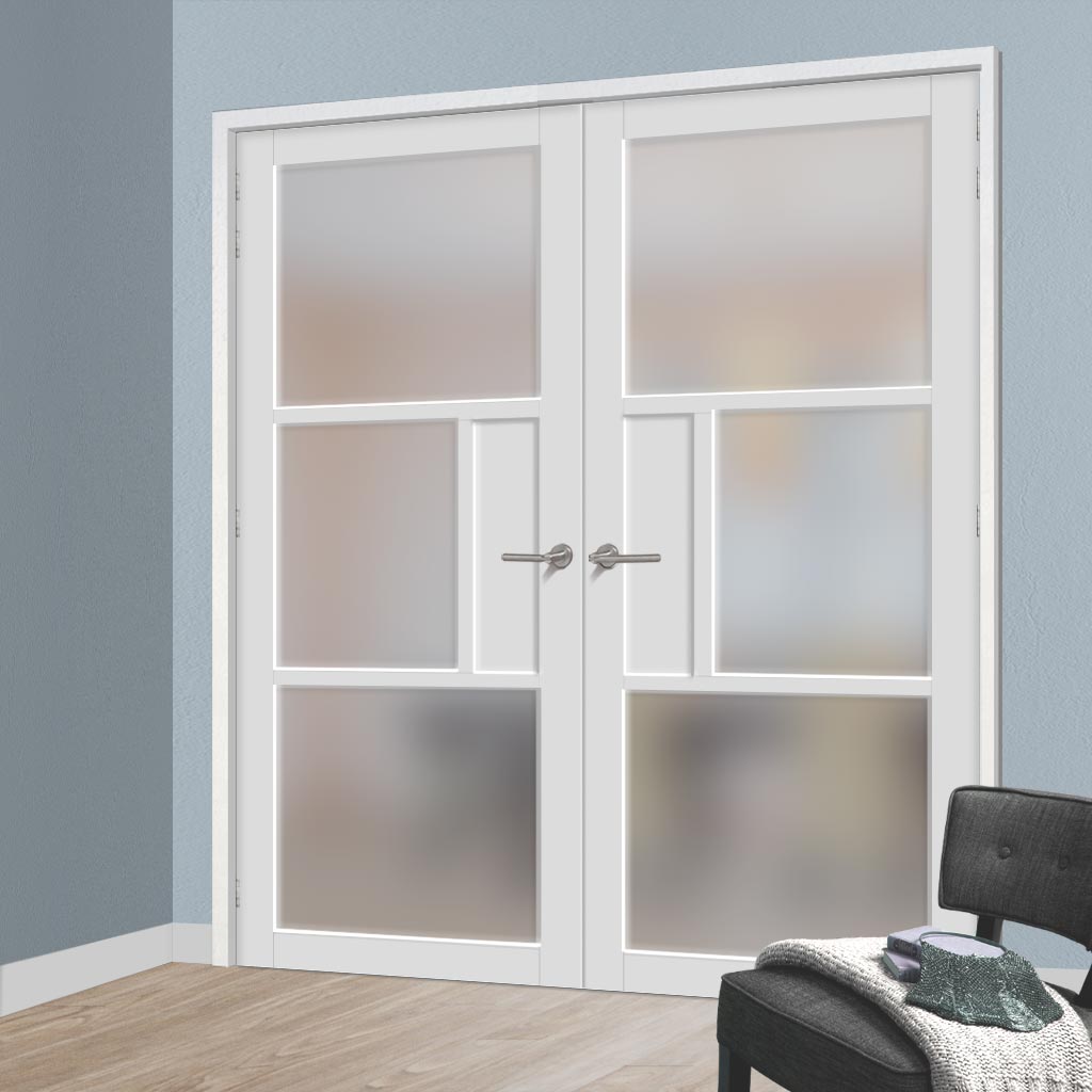 Breda 3 Pane 1 Panel Solid Wood Internal Door Pair UK Made DD6439SG Frosted Glass - Eco-Urban® Cloud White Premium Primed