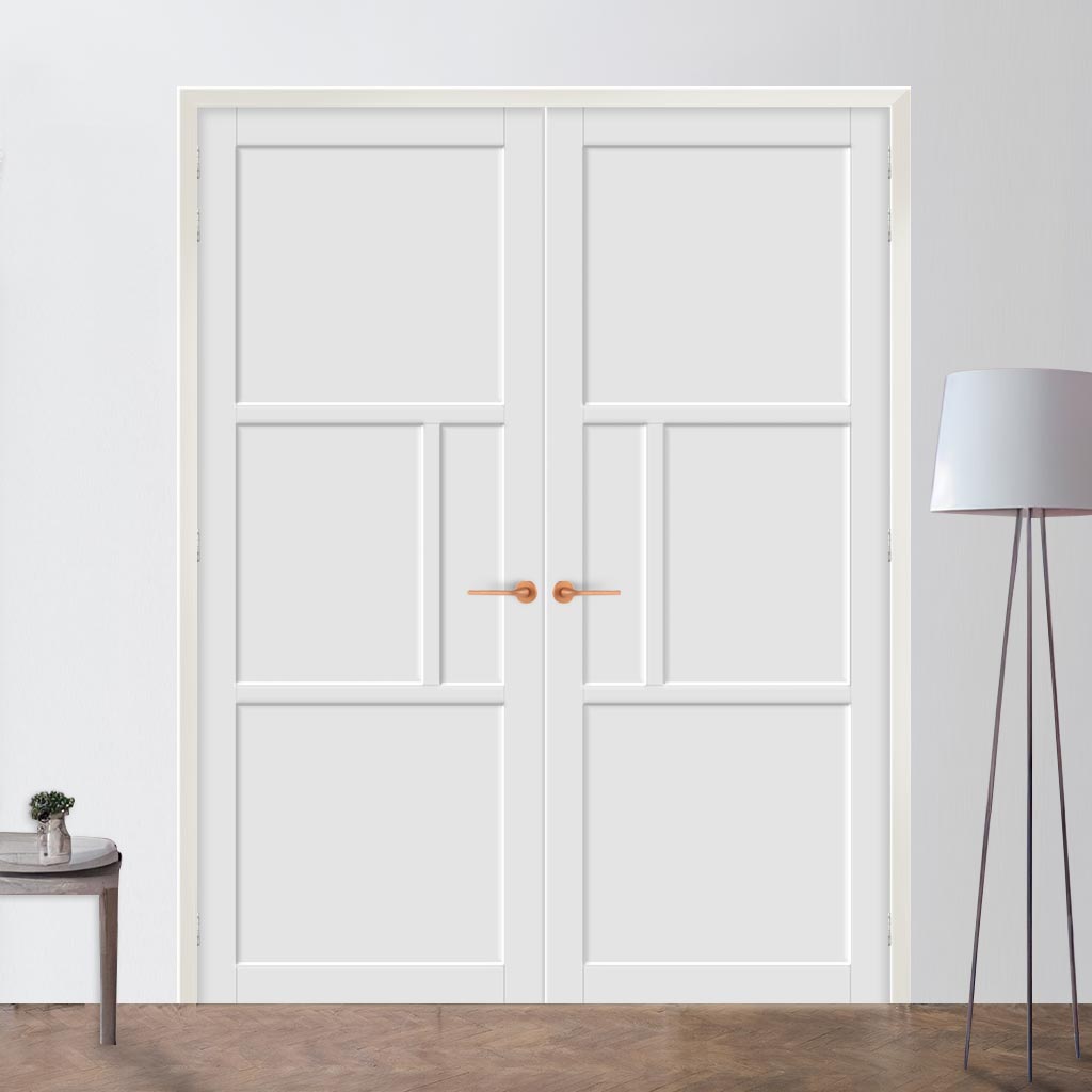 Breda 4 Panel Solid Wood Internal Door Pair UK Made DD6439 - Eco-Urban® Cloud White Premium Primed