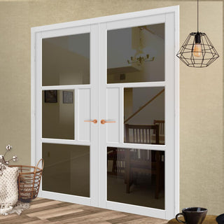 Image: Breda 3 Pane 1 Panel Solid Wood Internal Door Pair UK Made DD6439 - Tinted Glass - Eco-Urban® Cloud White Premium Primed