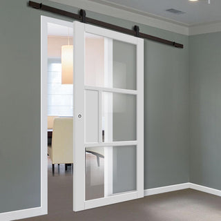 Image: Top Mounted Black Sliding Track & Solid Wood Door - Eco-Urban® Breda 3 Pane 1 Panel Solid Wood Door DD6439G Clear Glass - Cloud White Premium Primed