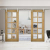 Saturn Tubular Stainless Steel Sliding Track & Bristol Oak Double Door - 10 Pane Clear Bevelled Glass - Unfinished