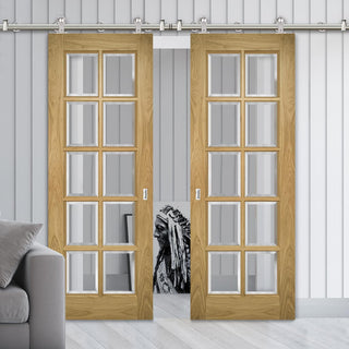 Image: Sirius Tubular Stainless Steel Sliding Track & Bristol Oak Double Door - 10 Pane Clear Bevelled Glass - Unfinished