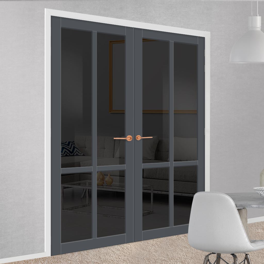 Bronx 4 Pane Solid Wood Internal Door Pair UK Made DD6315 - Tinted Glass - Eco-Urban® Stormy Grey Premium Primed