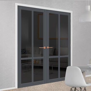 Image: Bronx 4 Pane Solid Wood Internal Door Pair UK Made DD6315 - Tinted Glass - Eco-Urban® Stormy Grey Premium Primed