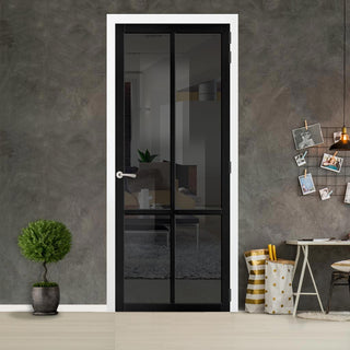 Image: Bronx 4 Pane Solid Wood Internal Door UK Made DD6315 - Tinted Glass - Eco-Urban® Shadow Black Premium Primed