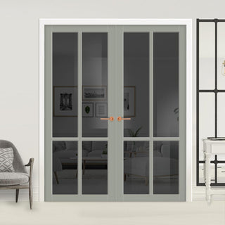 Image: Bronx 4 Pane Solid Wood Internal Door Pair UK Made DD6315 - Tinted Glass - Eco-Urban® Mist Grey Premium Primed