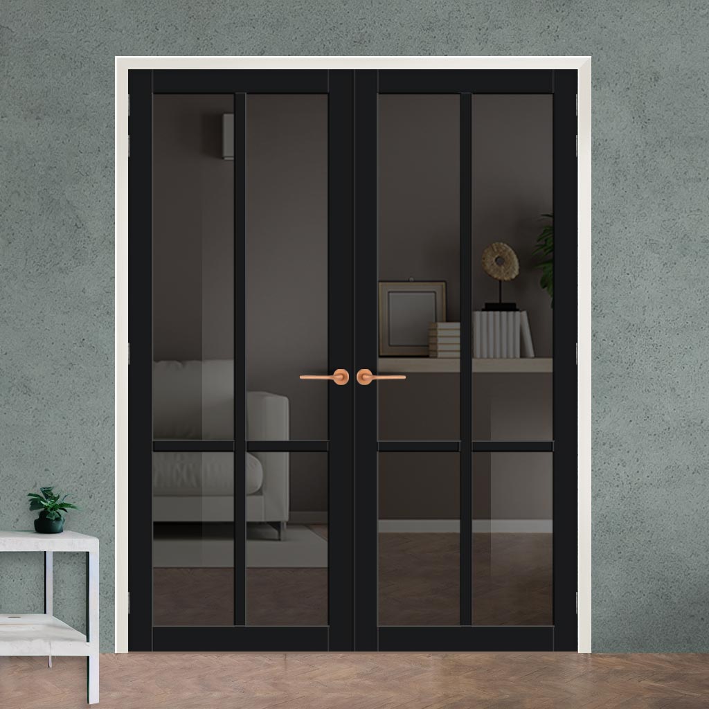 Bronx 4 Pane Solid Wood Internal Door Pair UK Made DD6315 - Tinted Glass - Eco-Urban® Shadow Black Premium Primed