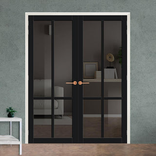 Image: Bronx 4 Pane Solid Wood Internal Door Pair UK Made DD6315 - Tinted Glass - Eco-Urban® Shadow Black Premium Primed