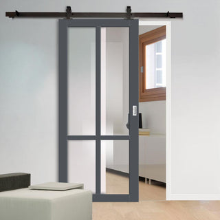 Image: Top Mounted Black Sliding Track & Solid Wood Door - Eco-Urban® Bronx 4 Pane Solid Wood Door DD6315G - Clear Glass - Stormy Grey Premium Primed