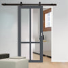 Top Mounted Black Sliding Track & Solid Wood Door - Eco-Urban® Bronx 4 Pane Solid Wood Door DD6315G - Clear Glass - Stormy Grey Premium Primed