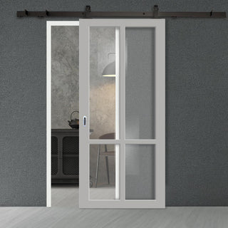 Image: Top Mounted Black Sliding Track & Solid Wood Door - Eco-Urban® Bronx 4 Pane Solid Wood Door DD6315G - Clear Glass - Mist Grey Premium Primed