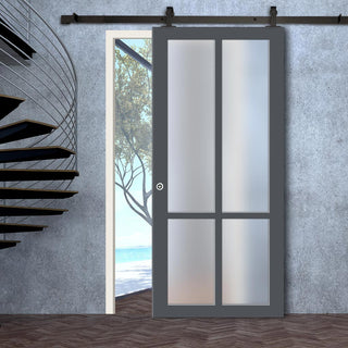 Image: Top Mounted Black Sliding Track & Solid Wood Door - Eco-Urban® Bronx 4 Pane Solid Wood Door DD6315SG - Frosted Glass - Stormy Grey Premium Primed